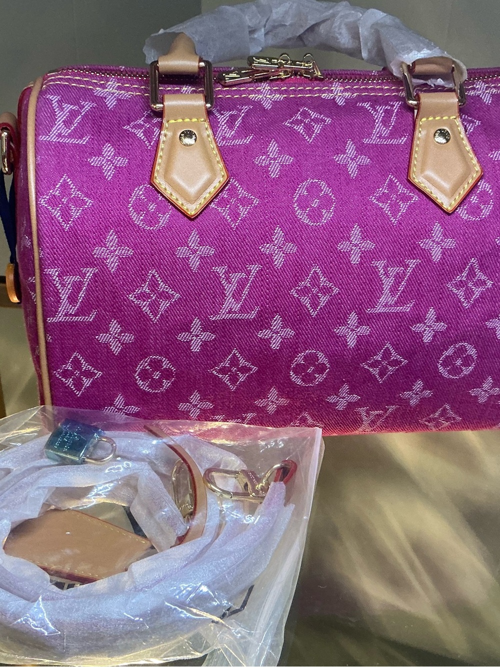 Fuchsia Monogram Jean Mini Speedy with Tan Trim